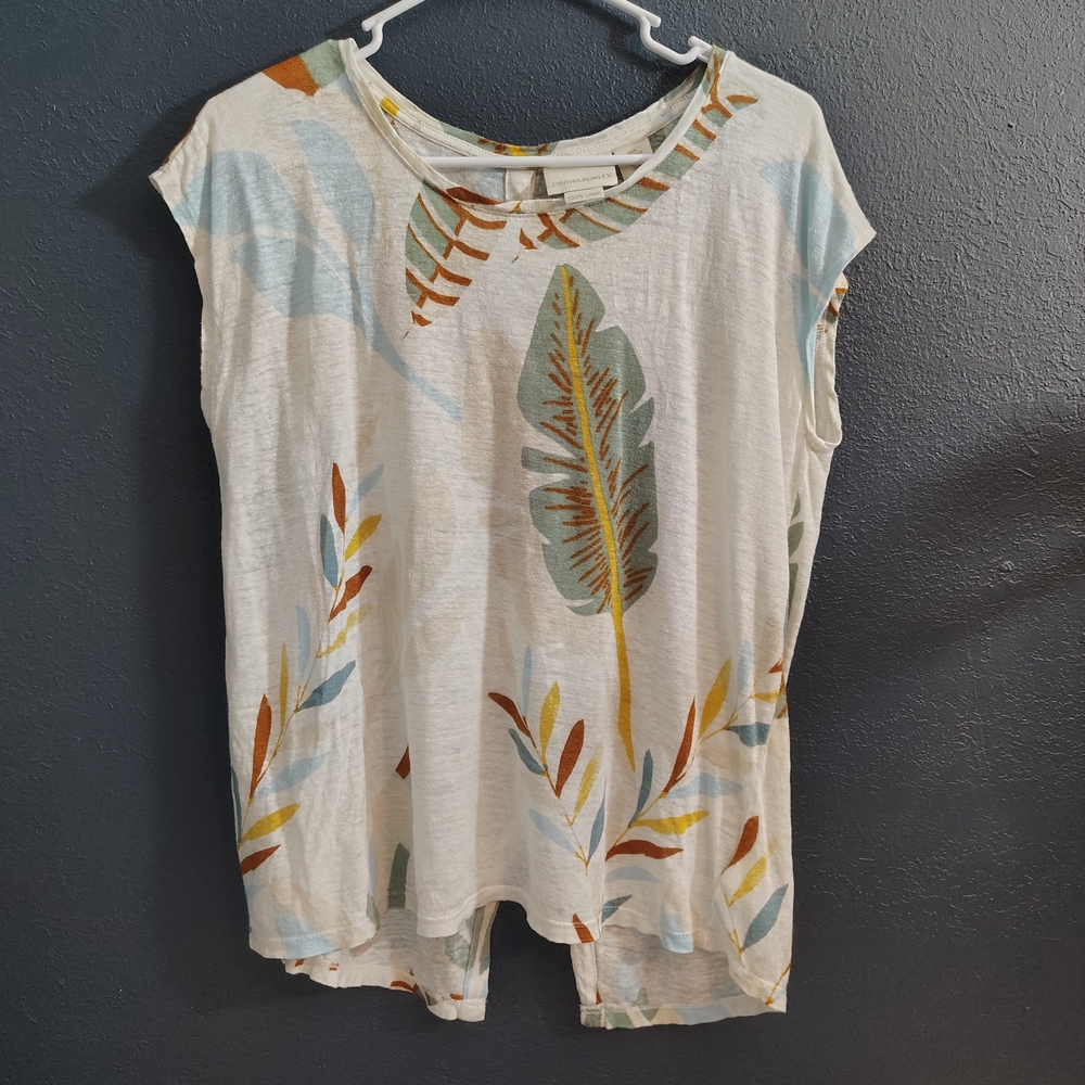 Cynthia Rowley White and Multicolor Leaf Pattern Linen Tee